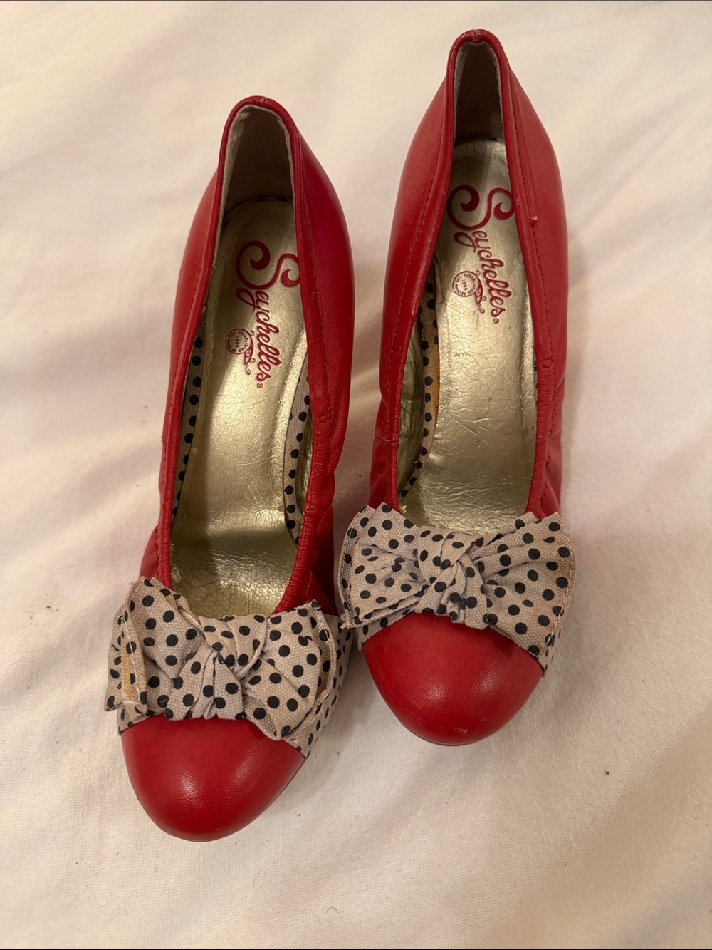 Seychelles Red Leather Pumps with Polka Dot Bow